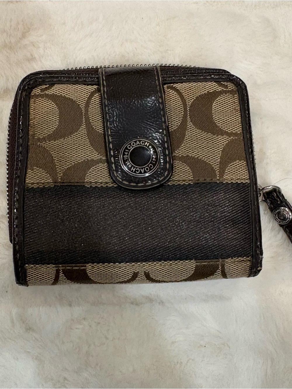Coach Signature Canvas Small Brown Zip-Around Wallet with Dark Trim